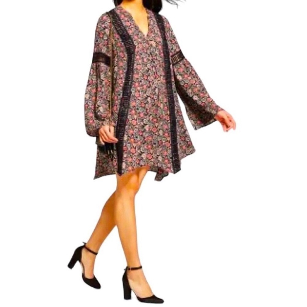 Knox Rose Floral Bell Long Sleeve Mini Dress Tunic Women L Dark Romance Crochet